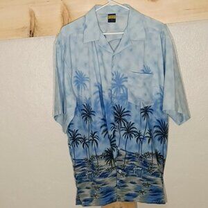 Men's Ocean Blue Hawaiian Casual Button Down Shirt, Blue/Green, Size L